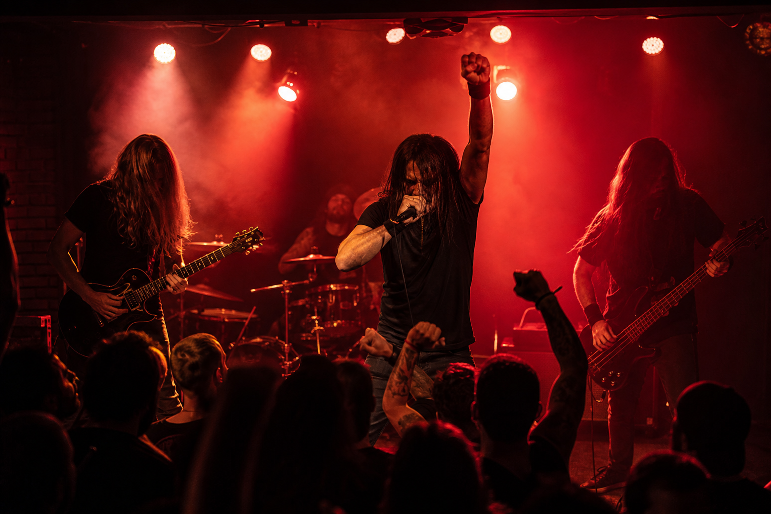 Integrantes do Sepultura durante apresentação da turnê de despedida, sem texto ou logotipos visíveis